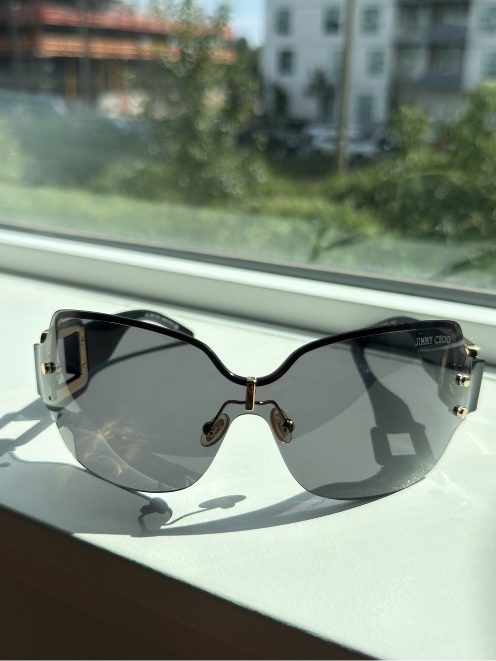 Jimmy Choo Black Gradient Rimless Shield Sunglasses w/Gold Accents Oversized